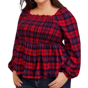 TORRID Brushed Rayon Acrylic Flannel Smocked Plaid Babydoll Top sz Torrid 6 (6X)
